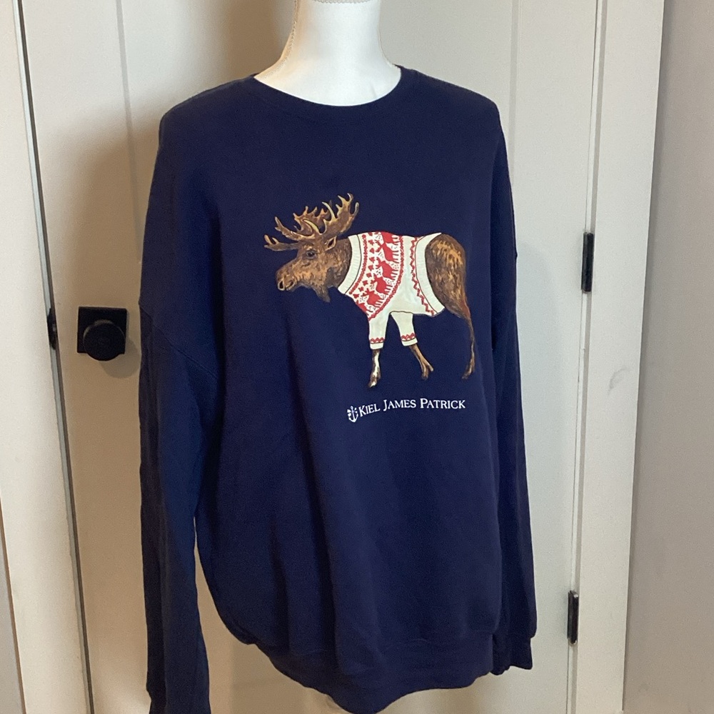 Kiel James Patrick Navy sweatshirt with Festive Moose
